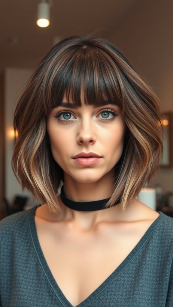 A woman with a piecey bob hairstyle and fringe, showcasing a modern and stylish look.