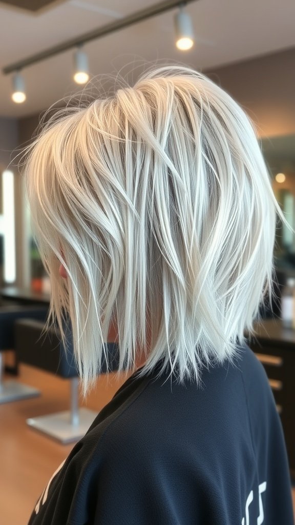 A stylish platinum blonde shaggy cut with layered texture.