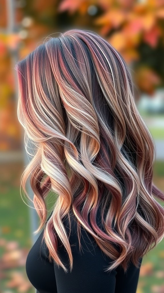 A woman with long, wavy hair showcasing a platinum to burgundy fade hairstyle, set against a backdrop of autumn leaves.