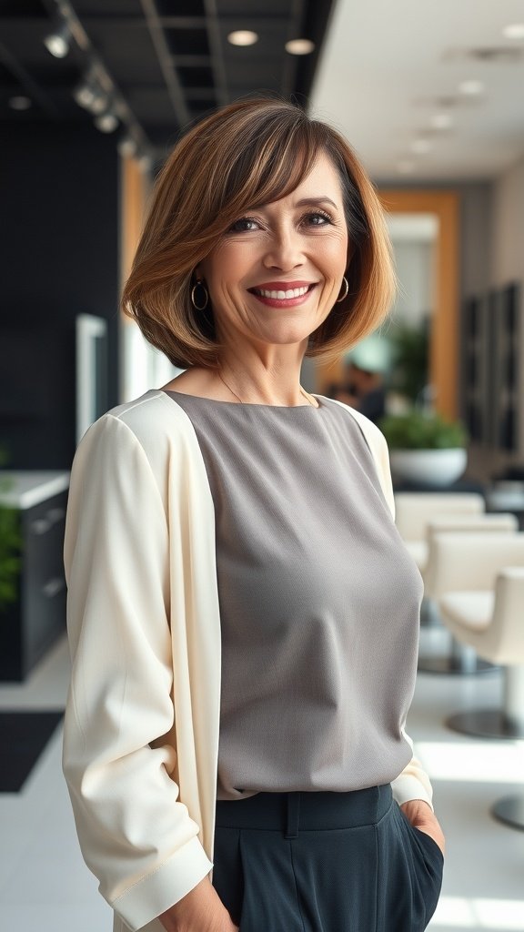 A woman with a polished rounded lob hairstyle, smiling confidently in a modern salon setting.