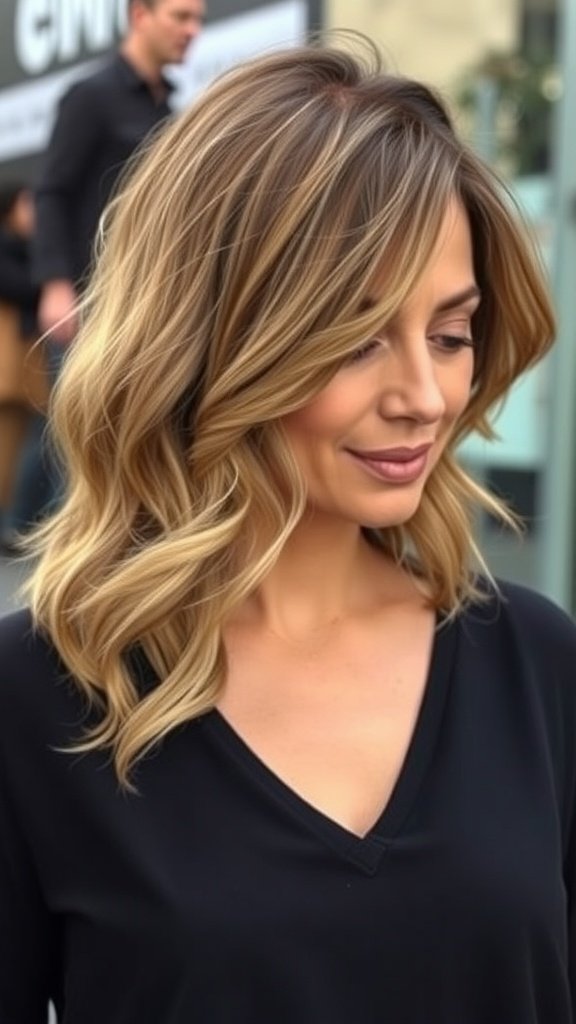 A woman with polished wavy lob hairstyle, showcasing soft waves and a sophisticated look.