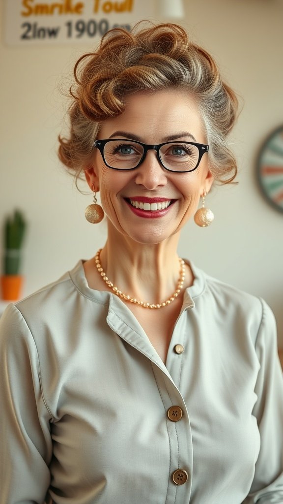 A woman over 50 with a retro curly bouffant hairstyle, wearing glasses and pearl accessories, smiling confidently.