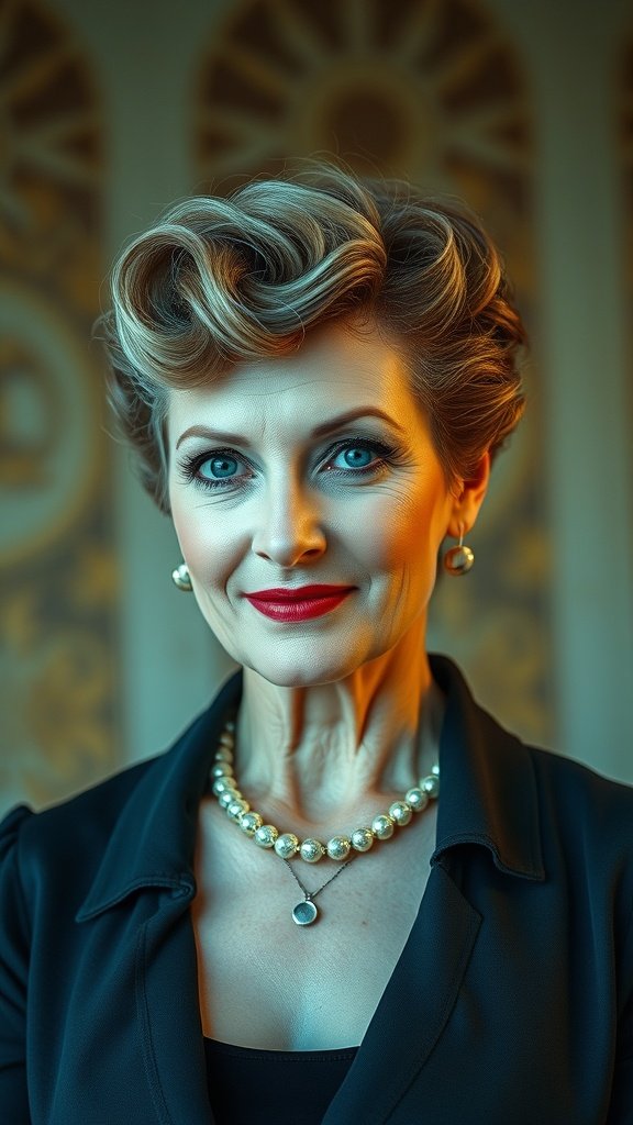 A woman with short hair styled in retro finger waves, wearing red lipstick and pearl jewelry.