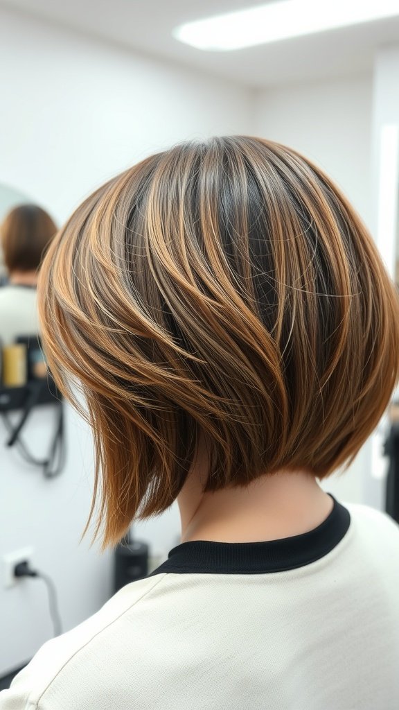 A rounded bob hairstyle with feathered layers, showcasing volume and movement.