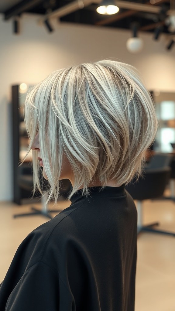 A woman with a salt-and-pepper shaggy crop hairstyle, showcasing layers and texture.