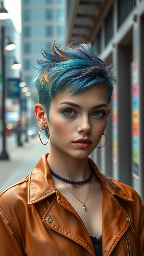 A young woman with a sassy spiked pixie cut in vibrant blue and orange colors, wearing a stylish brown jacket.
