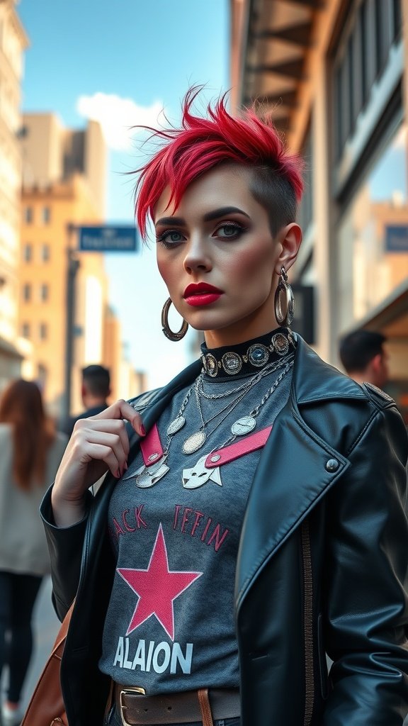 A person with a sassy spiked pixie cut, featuring bright pink hair, wearing a leather jacket and layered necklaces, standing in an urban setting.
