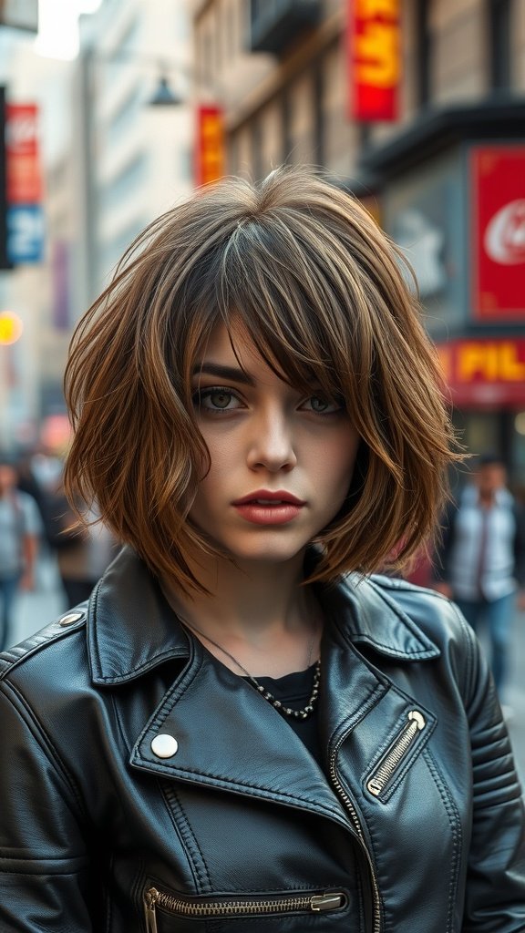 A woman with a shaggy bob haircut and choppy layers, wearing a leather jacket in an urban setting.