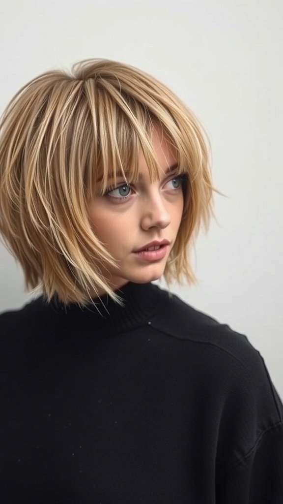 A woman with a shaggy bob hairstyle featuring jagged edges, wearing a black sweater.