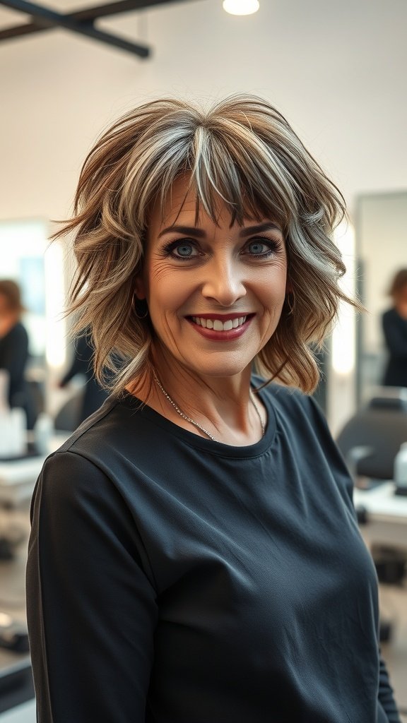 A woman with shaggy layers and a choppy fringe, smiling in a salon setting.