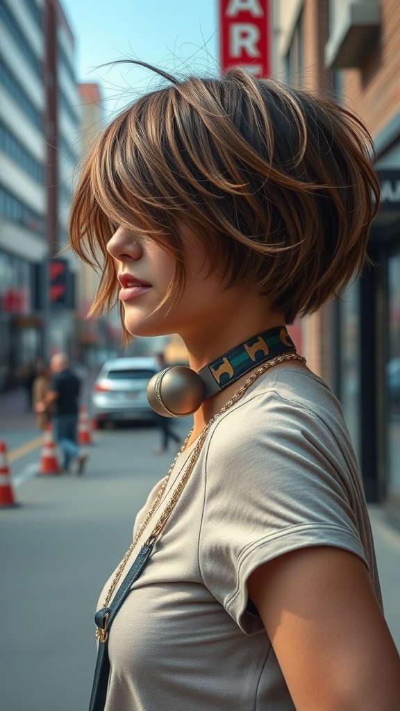 A woman with a shaggy micro bob hairstyle, featuring choppy layers, standing on a city street.