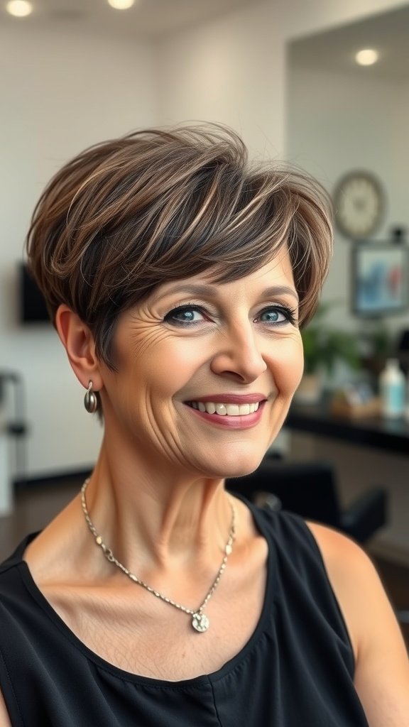 A woman with a short layered brunette pixie hairstyle with highlights, smiling in a salon.
