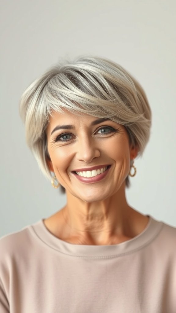 A woman with a short shag hairstyle featuring textured layers, smiling confidently.