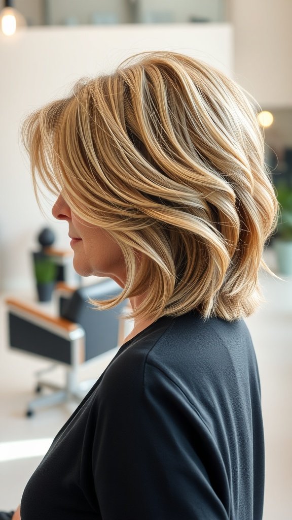Shoulder-length hairstyle with undercut layers, showcasing soft waves and a modern look.