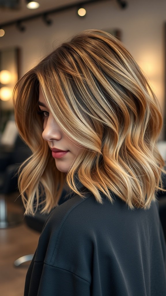 Shoulder-length razored cut with wavy ends, showcasing a stylish and trendy hairstyle.
