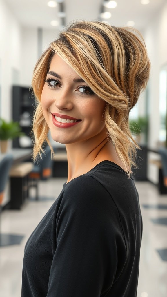 A woman with a side-parted wavy pixie hairstyle, smiling in a modern salon setting.