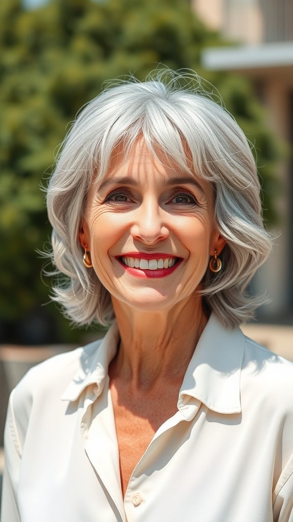 A woman with silver gray gentle waves and full bangs, smiling outdoors.
