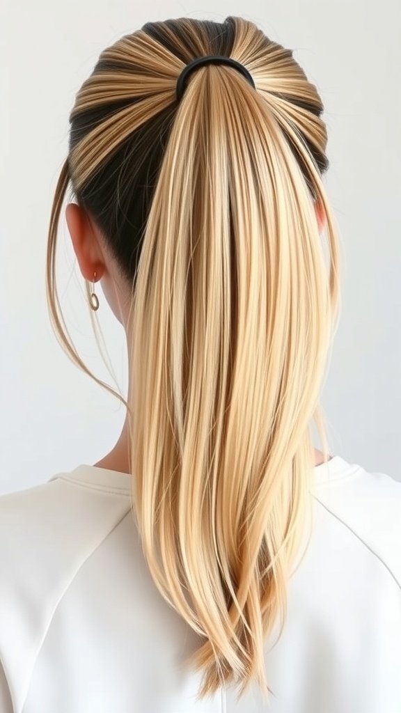 A sleek blonde ponytail with dark roots, showcasing a modern hairstyle.