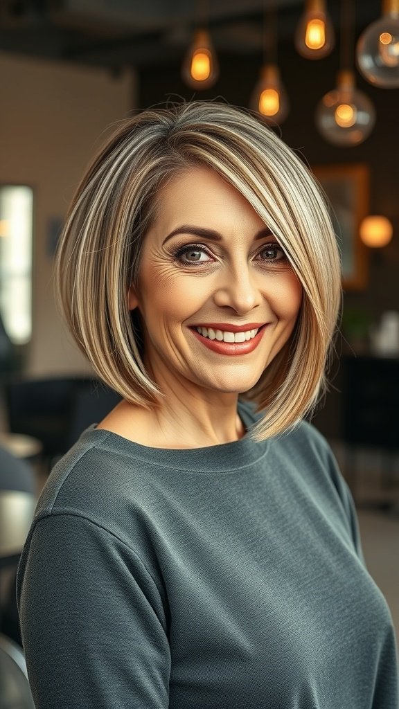 A woman with a sleek bob haircut and a deep side part, smiling confidently.