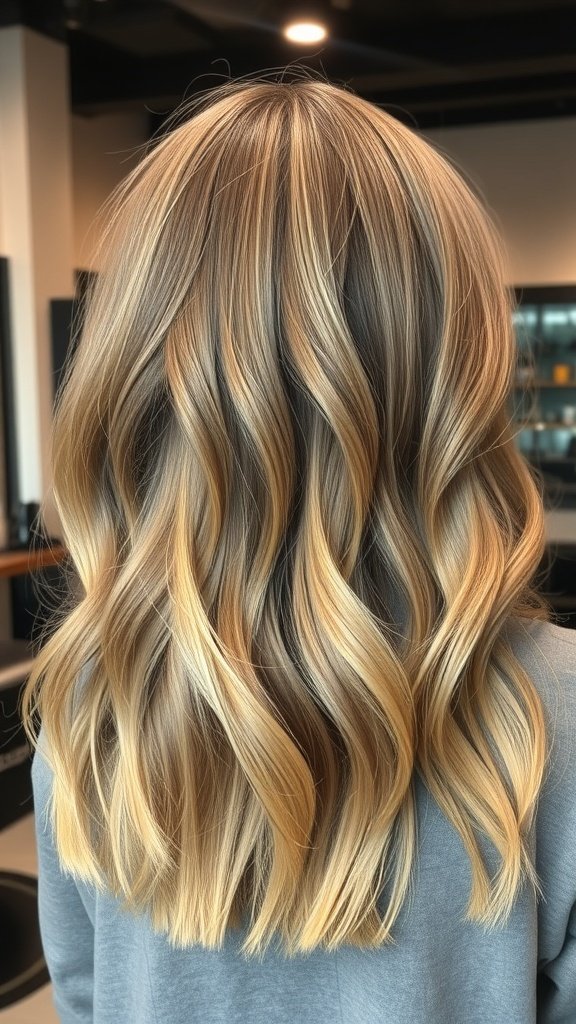 A sleek shag haircut with internal layers, showcasing flowing locks and soft waves.