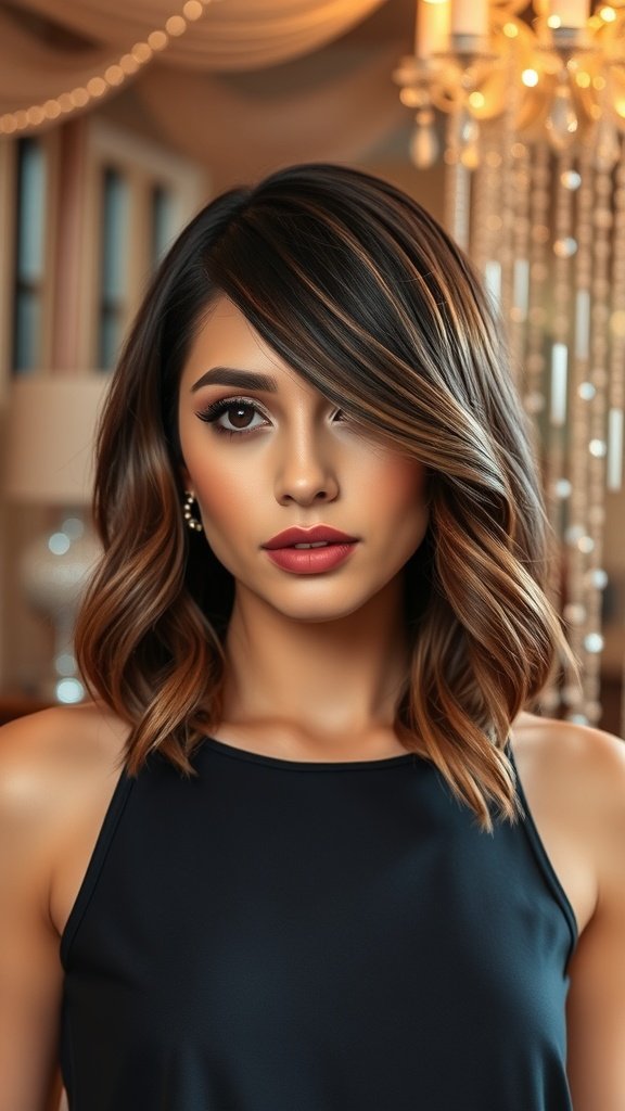 A woman with a sleek side part bob hairstyle, wearing a black top and looking elegant.