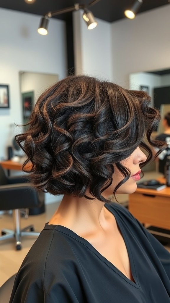 A woman with a stacked bob hairstyle featuring tight curls, showcasing a stylish and modern look.