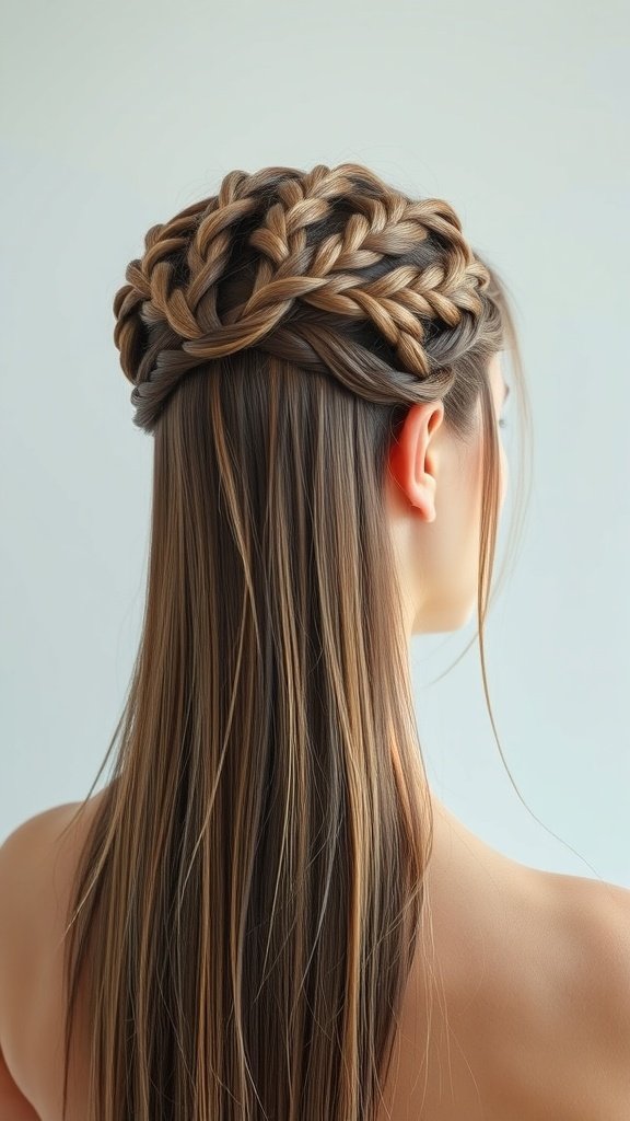 A woman with straight hair styled in a delicate braided crown, showcasing intricate braids and smooth hair.