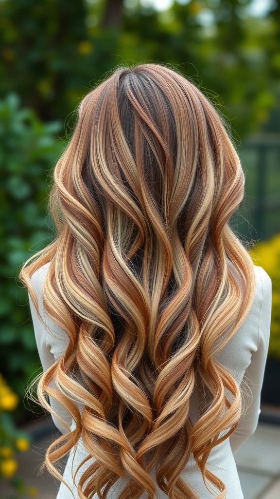 Long wavy hair in strawberry blonde color with mahogany roots