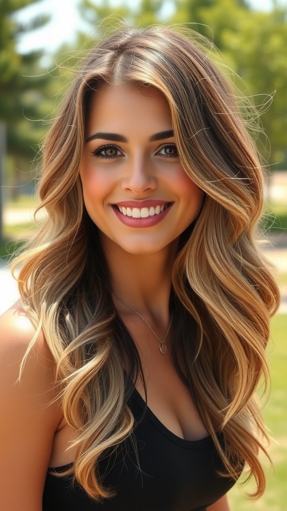 A woman with sun-kissed ash blonde hair and natural roots, smiling outdoors.