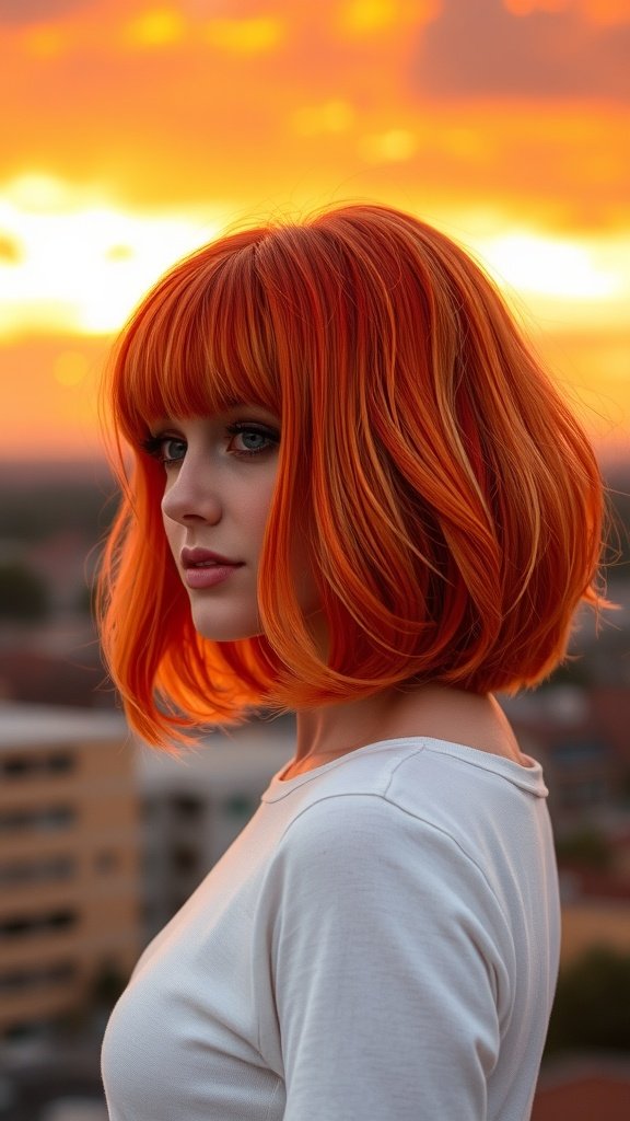 A woman with a sunset orange bubble bob hairstyle and blunt bangs, set against a vibrant sunset background.