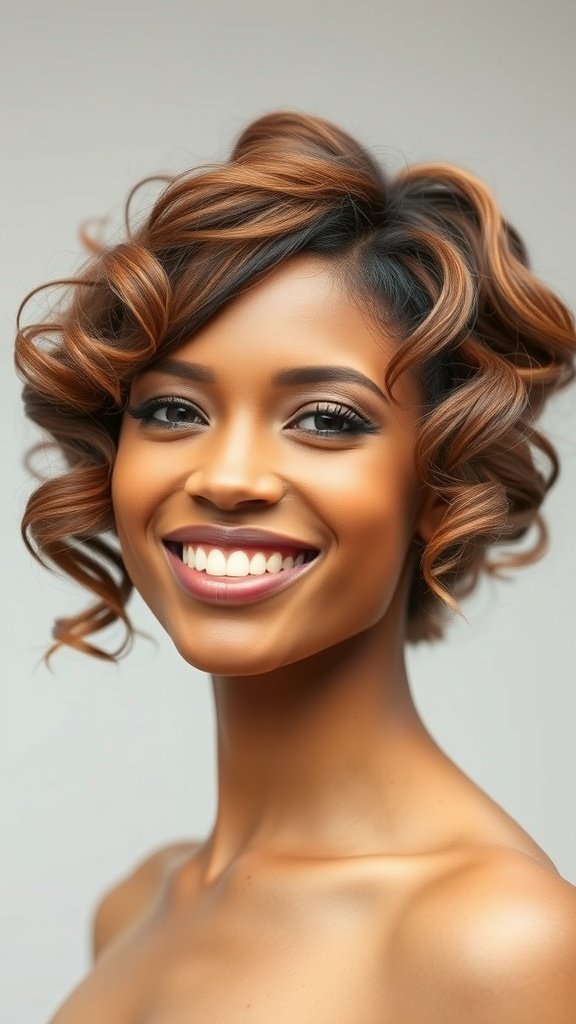 A woman with a tapered natural curls pixie hairstyle, showcasing defined curls and a warm hair color.