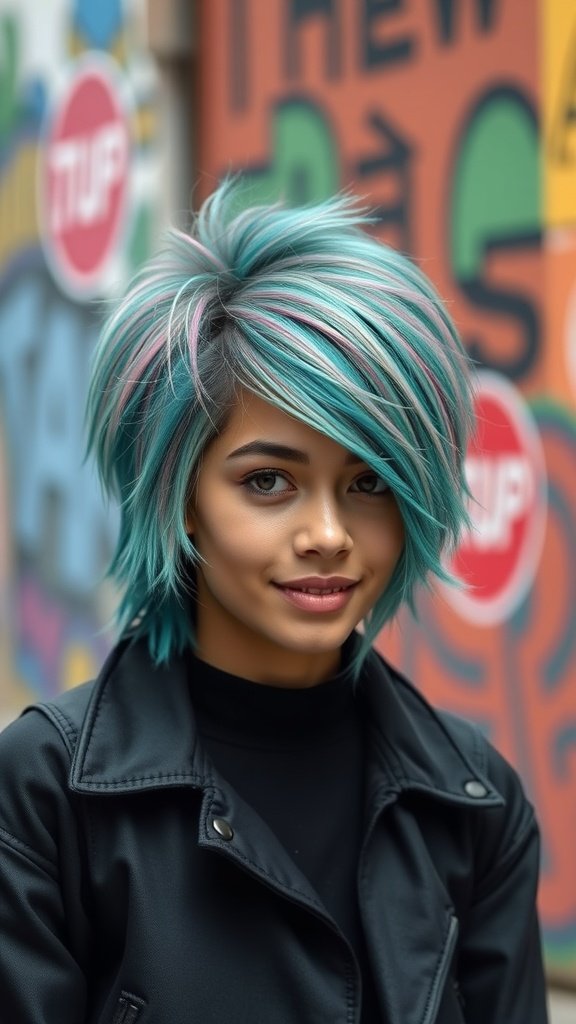 A person with a teal-tipped shaggy mullet hairstyle, wearing a black leather jacket, smiling against a colorful graffiti background.