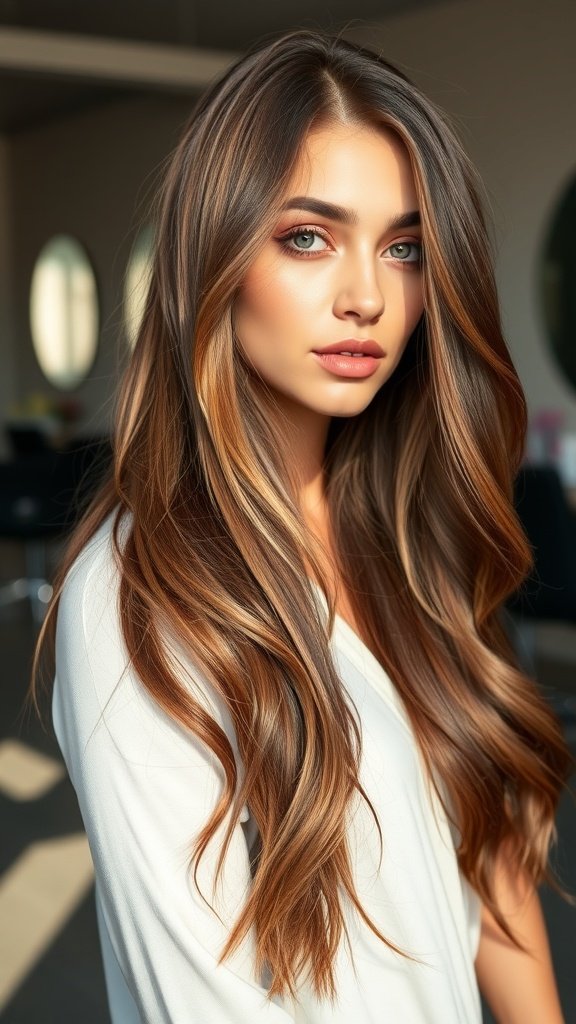A woman with long, wavy hair featuring a Tiger Eye Balayage hairstyle, showcasing rich browns and golden highlights.