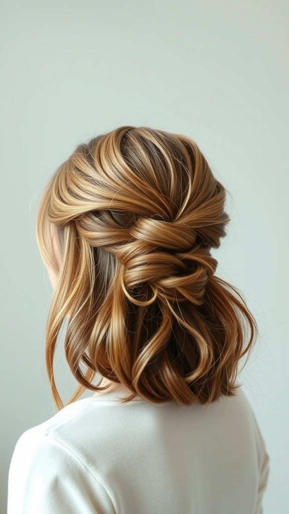 A stylish tousled half-updo hairstyle for shoulder-length hair.