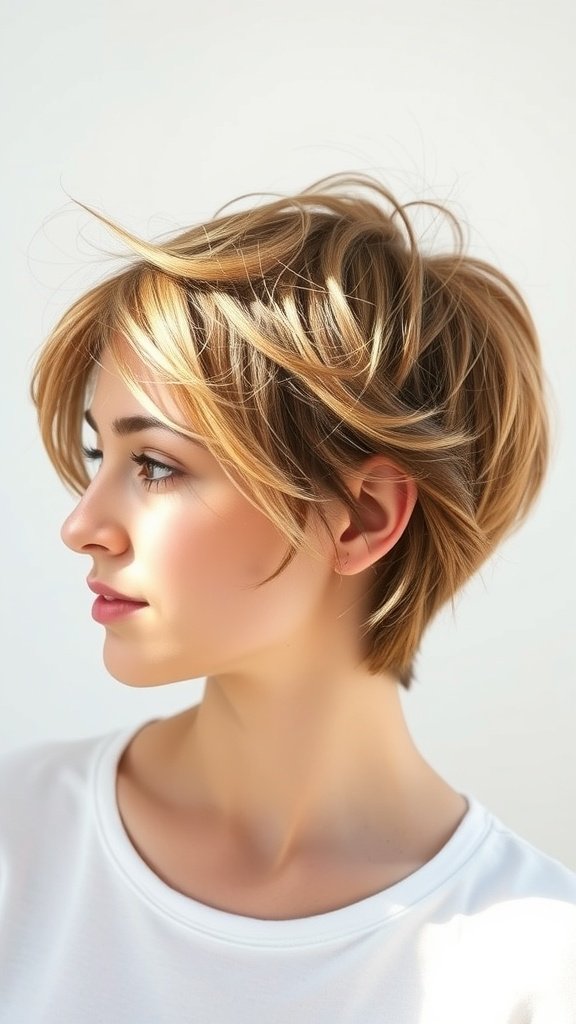 A woman with a tousled layered pixie haircut featuring an elongated side, showcasing a confident and stylish look.