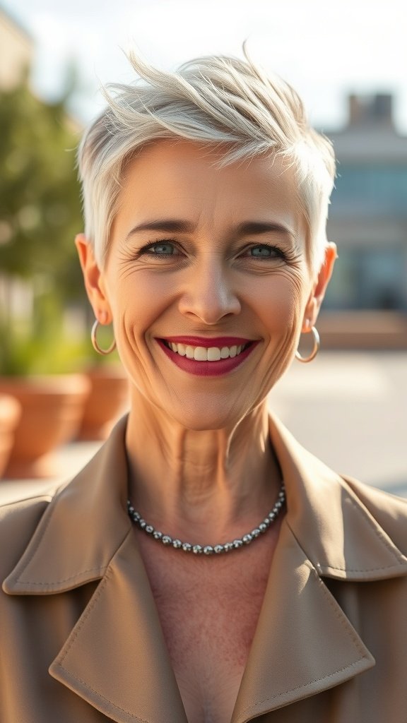 A woman with a buzz cut smiling confidently outdoors.