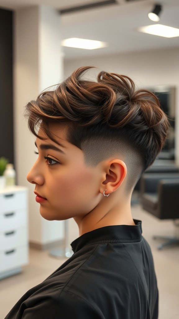 A stylish undercut pixie haircut with twisted top, showcasing thick hair texture.