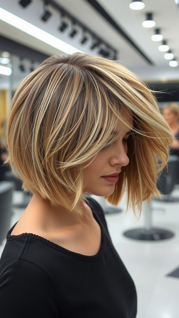 A woman with a stylish feathered bob hairstyle featuring undercut sides.