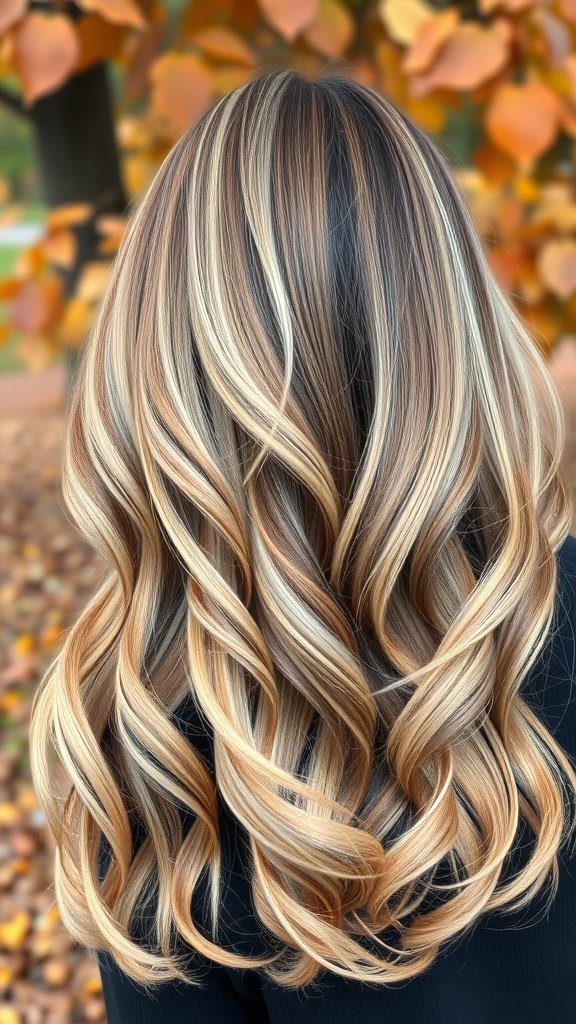 A beautiful balayage hairstyle featuring Vanilla Bean Veil with creamy blonde highlights and rich brown base, styled in soft waves.