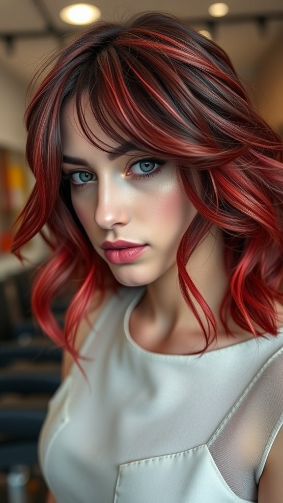 A woman with wavy hair featuring vibrant maraschino highlights, showcasing a bold red color against a darker base.