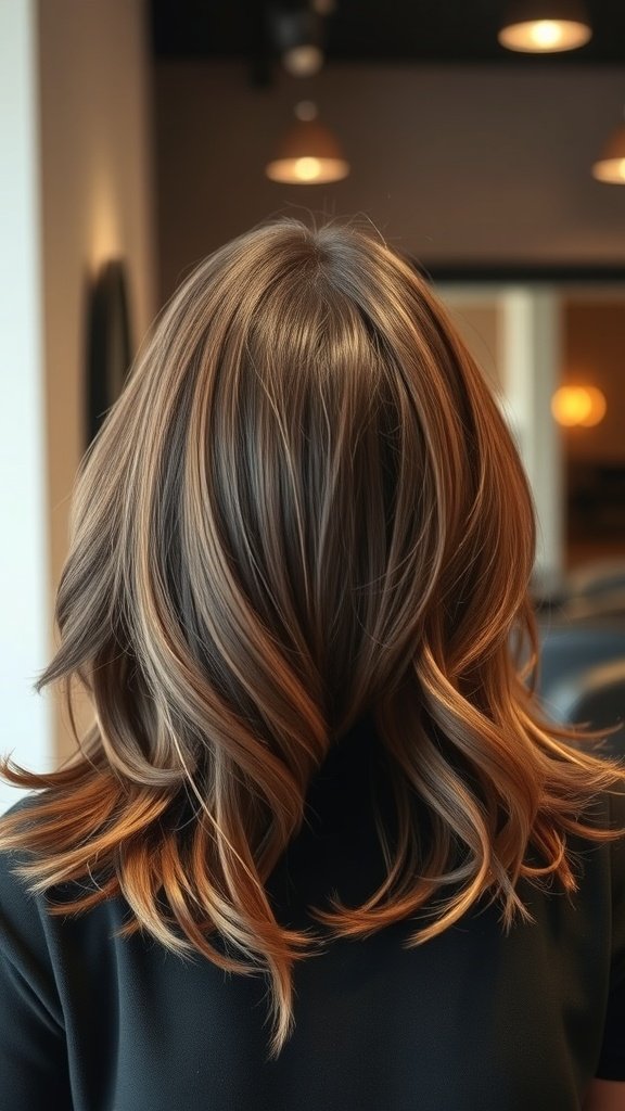 A back view of a woman with voluminous layered hair styled in a middle part.