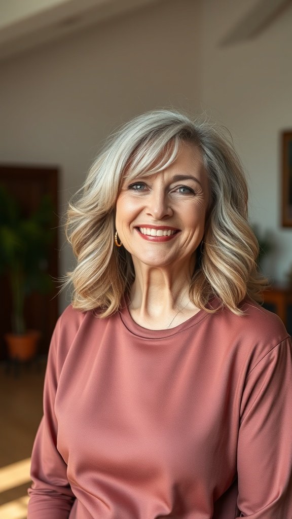 A woman with wavy shoulder-length hair and a side-swept fringe, smiling in a cozy indoor setting.