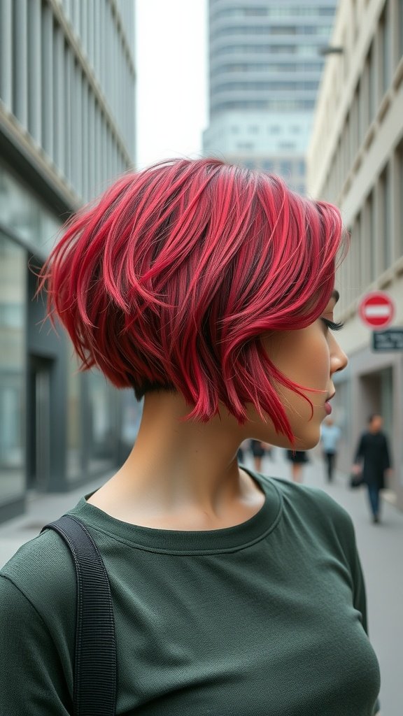 A woman with a wavy tapered bob haircut featuring a shaved side, showcasing vibrant colors and a stylish urban background.