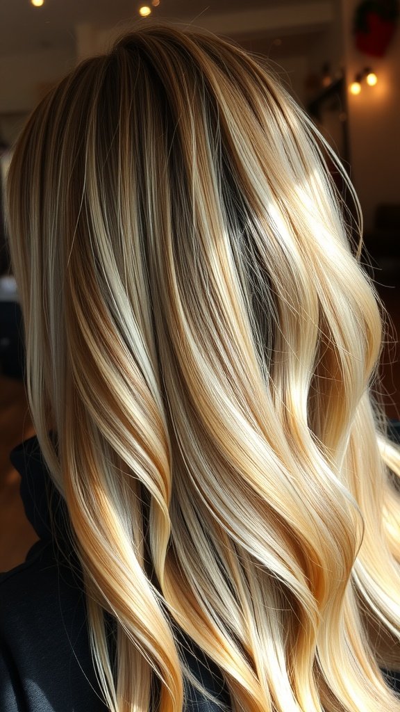 A close-up view of hair featuring whisper blonde balayage highlights, styled in soft waves.