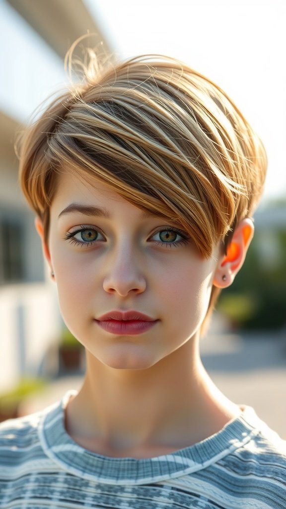 A young woman with a youthful pixie hairstyle featuring a side-swept nape, showcasing a fresh and elegant look.