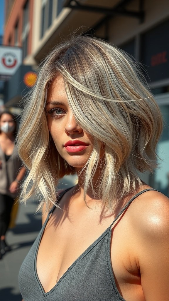 Ash-blonde bob hairstyle with soft waves, framing the face beautifully.