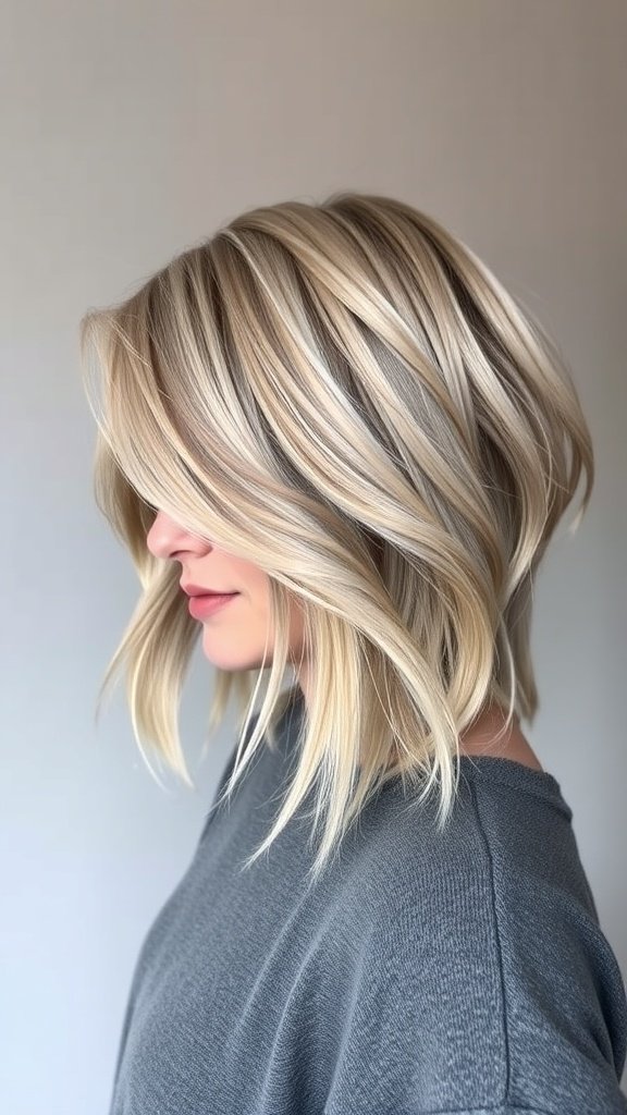 A woman with ash blonde shag hair cut featuring feathered ends, styled casually.