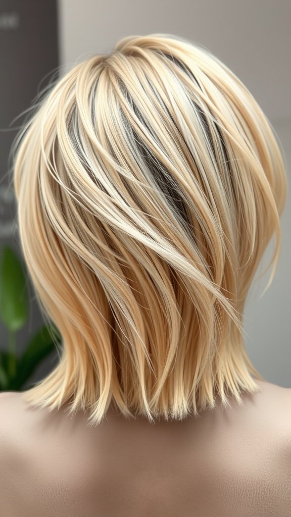 Blonde textured shag hairstyle with dark roots, showcasing layers and movement.