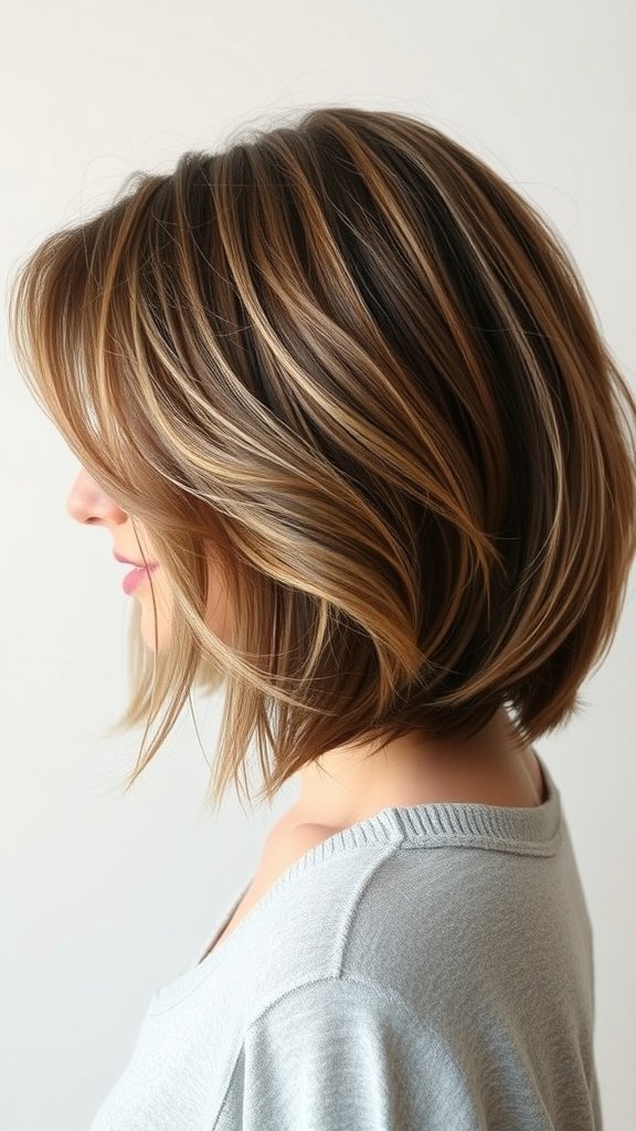 A stylish bob hairstyle featuring blunt ends and feathered layers, showcasing volume and flow.