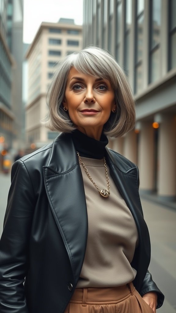 A stylish older woman with a blunt wedge bob haircut, wearing a black leather jacket and a neutral top, exuding confidence in an urban setting.
